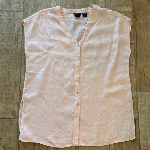 Jones New York Tops - Jones New York JNY Pink 100% Linen Button Up Cap Sleeve V-Neck Blouse Top Size M